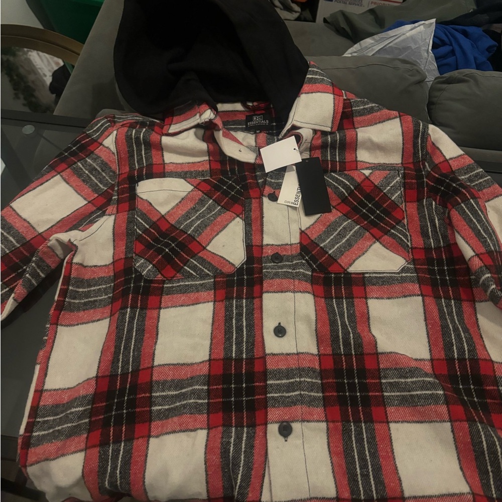 Red and Black Plaid Hooded Shirt